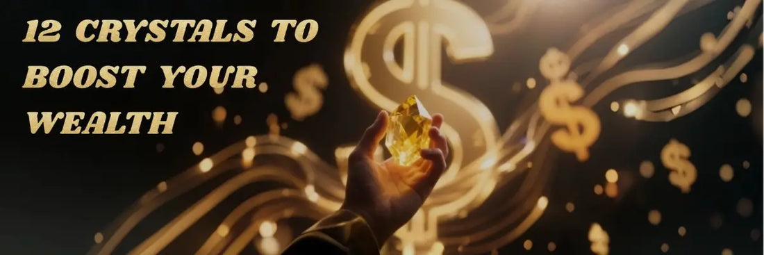Article banner image: hand holding glowing citrine crystal, soft golden light spiritual wealth aura, minimal magic background, shallow depth of field, aesthetic crystal photography, with article title "12 crystals to boost your wealth".