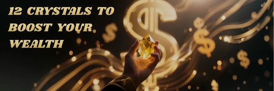 Article banner image: hand holding glowing citrine crystal, soft golden light spiritual wealth aura, minimal magic background, shallow depth of field, aesthetic crystal photography, with article title "12 crystals to boost your wealth".