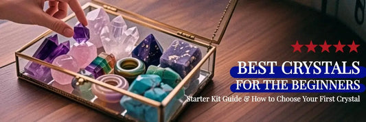 Beginner crystal starter kit with amethyst, clear quartz, citrine and rose quartz stones for energy healing