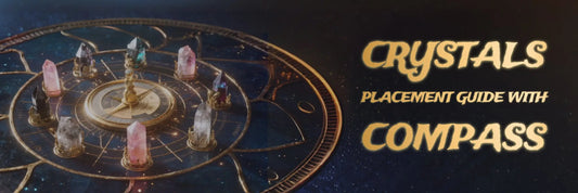 Eight different crystals stand on a golden feng shui compass, surrounded by a vast deep blue starry sky. In the upper right corner, the text reads: "crystals placement guide with compass".