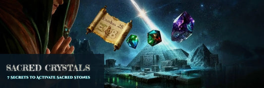 Divine light beam connecting biblical gemstones (carnelian, sapphire, emerald), crystal pyramid projecting onto Atlantis ruins, with prayer hands holding amethyst cluster - spiritual crystals energy concept