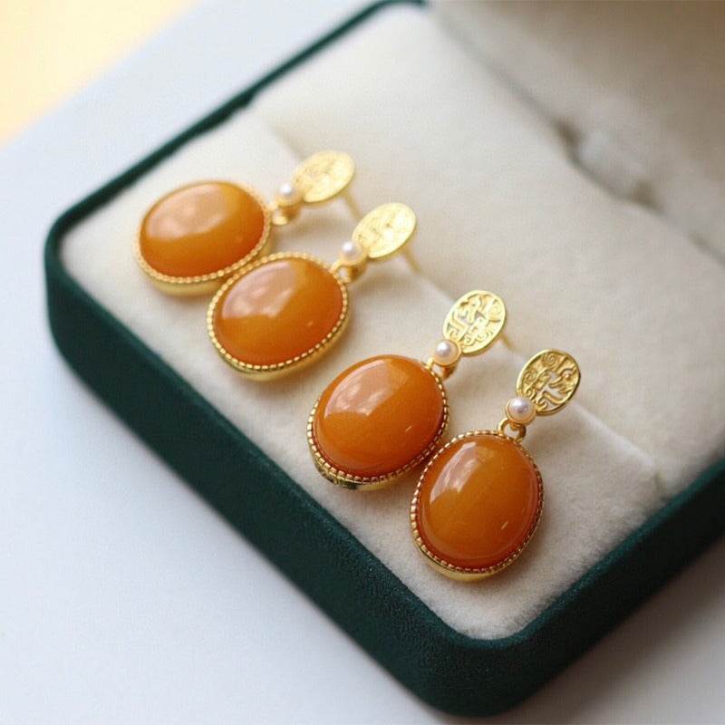 Sheehas Feng Shui Natural Amber & White Nacre Sterling Silver 18K Gold Plated Oval Cabochon Dangel Earrings - Fortune Gathering