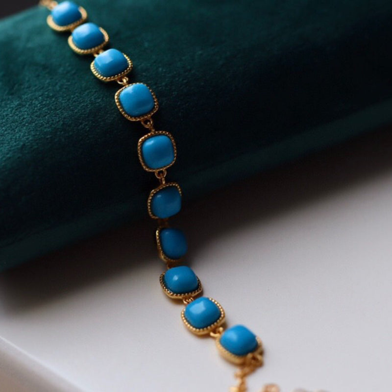 Sheehas Natural Turquoise Sterling Silver 18K Gold Plated Feng Shui Energy Bracelet