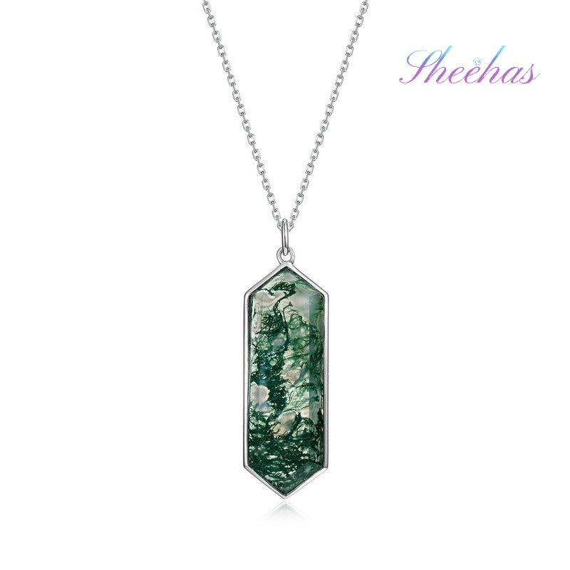 Natural Moss Agate Polygonal Sterling Silver Pendant Necklace