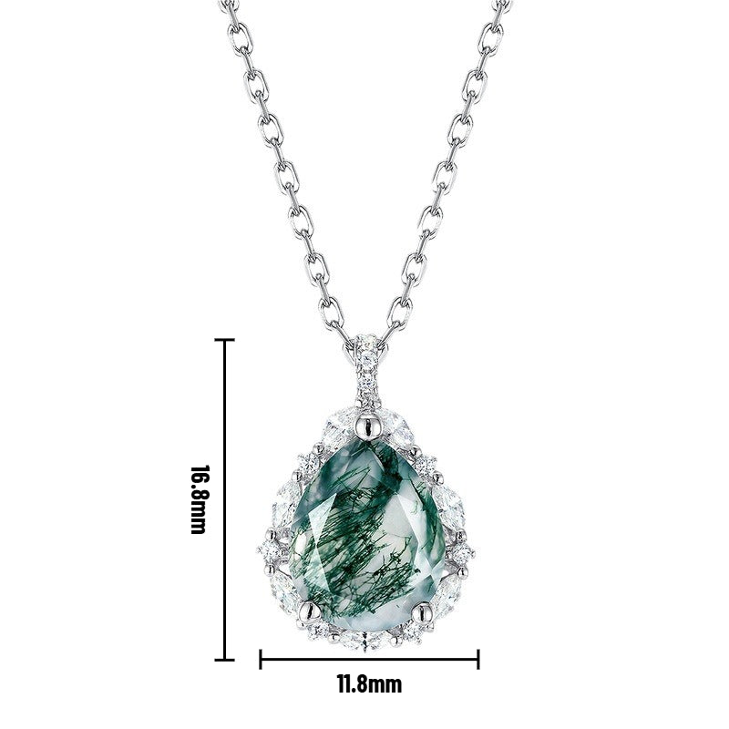 Moss Agate Sterling Silver Teardrop-shaped Diamond-encrusted Necklace