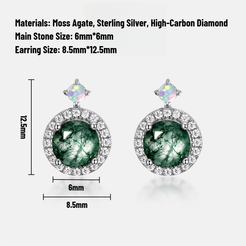 Luxurious Moss Agate Sterling Silver Round-cut and Diamond-surrounded Stud Earrings