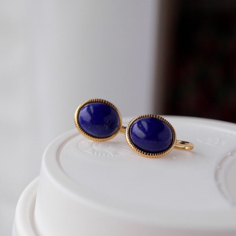 Sheehas Feng Shui Natural Lapis Lazuli Sterling Silver 18K Gold Plated Oval Cabochon Hook Earrings - The Union of Wisdom and Power