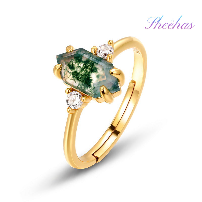 Moss Agate Sterling Silver Hexagon Prong-setting Retro Open-end Adjustable Ring (Platinum/Gold Pated)