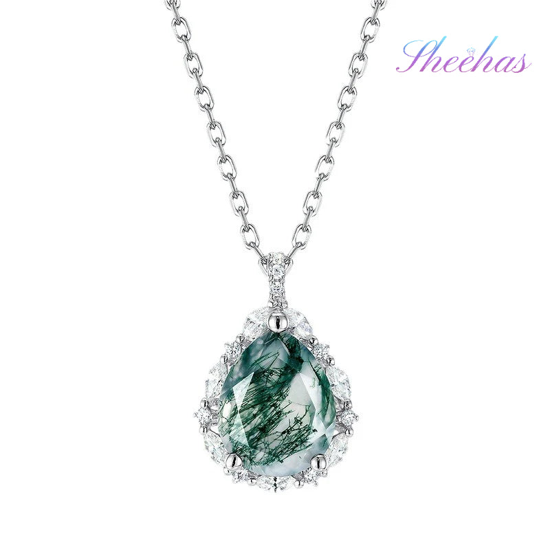 Moss Agate Sterling Silver Teardrop-shaped Diamond-encrusted Necklace
