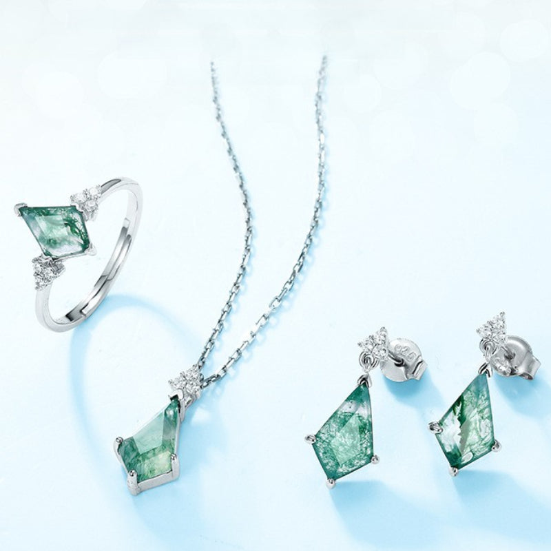 Natural Moss Agate Sterling Silver Prong-Set Rhombus Adjustable Necklace