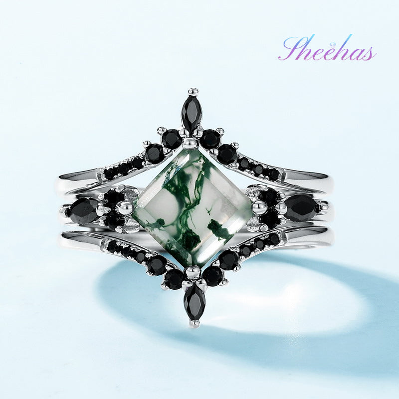 Multiple Ways to Style | Sheehas Moss Agate & Sterling Silver Stackable Triple Layer Rings