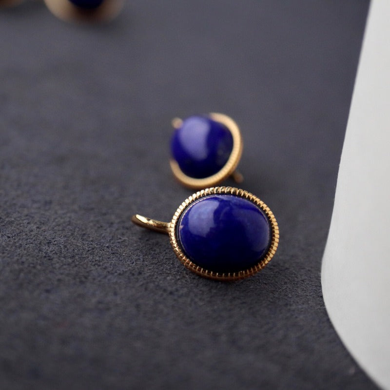 Sheehas Feng Shui Natural Lapis Lazuli Sterling Silver 18K Gold Plated Oval Cabochon Hook Earrings - The Union of Wisdom and Power