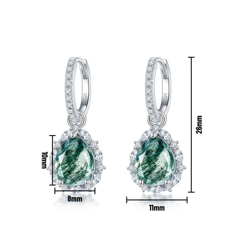 Moss Agate Sterling Silver Tearrop-shaped Diamond-encrusted Earrings