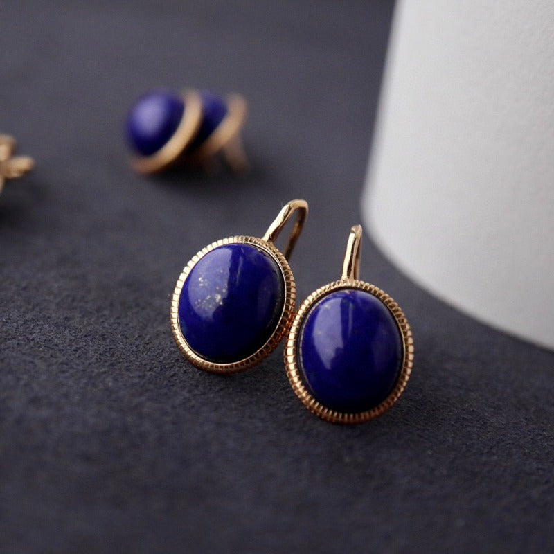 Sheehas Feng Shui Natural Lapis Lazuli Sterling Silver 18K Gold Plated Oval Cabochon Hook Earrings - The Union of Wisdom and Power