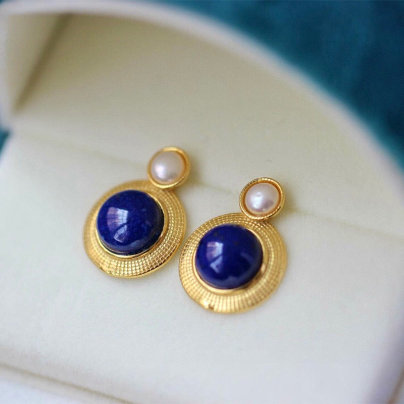 Sheehas Natural Lapis Lazuli & Pearl-Inlaid Sterling Silver 18K Gold Plated Stud Earrings
