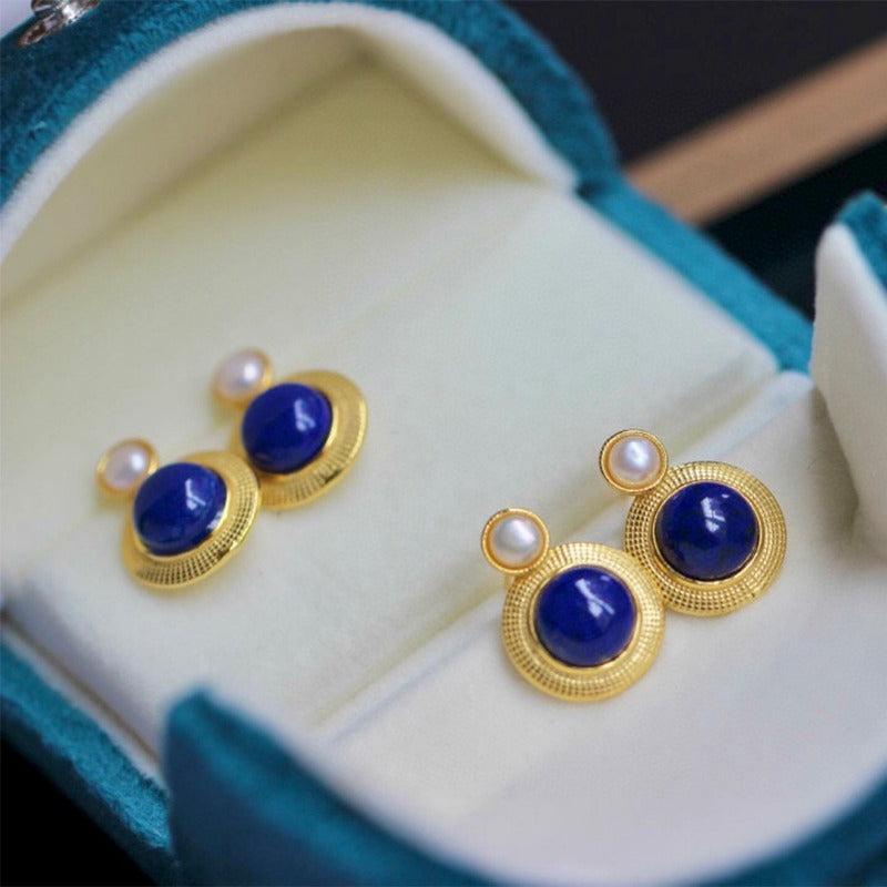 Sheehas Natural Lapis Lazuli & Pearl-Inlaid Sterling Silver 18K Gold Plated Stud Earrings