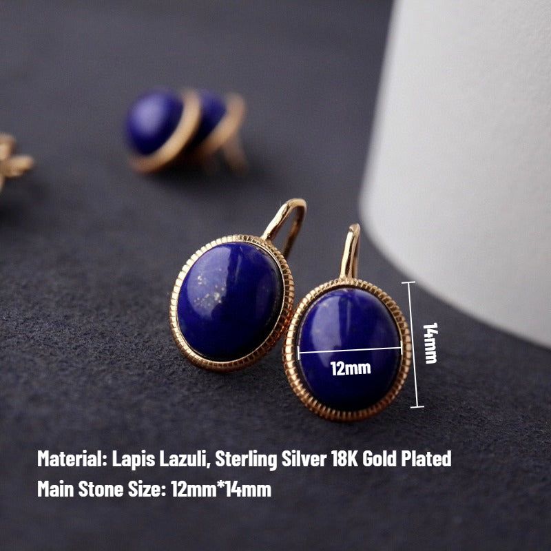 Sheehas Feng Shui Natural Lapis Lazuli Sterling Silver 18K Gold Plated Oval Cabochon Hook Earrings - The Union of Wisdom and Power