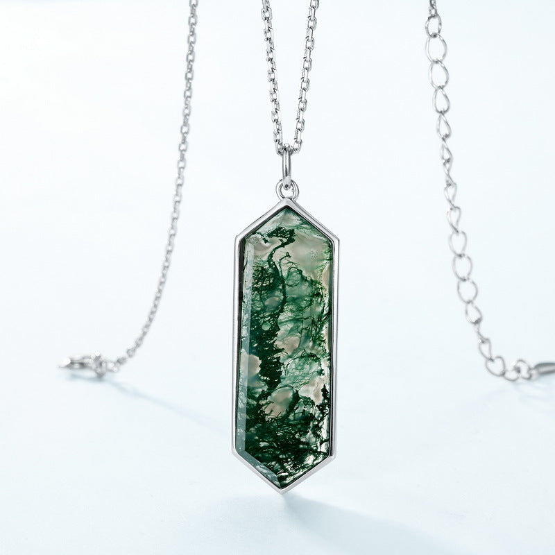 Natural Moss Agate Polygonal Sterling Silver Pendant Necklace
