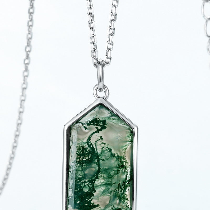 Natural Moss Agate Polygonal Sterling Silver Pendant Necklace