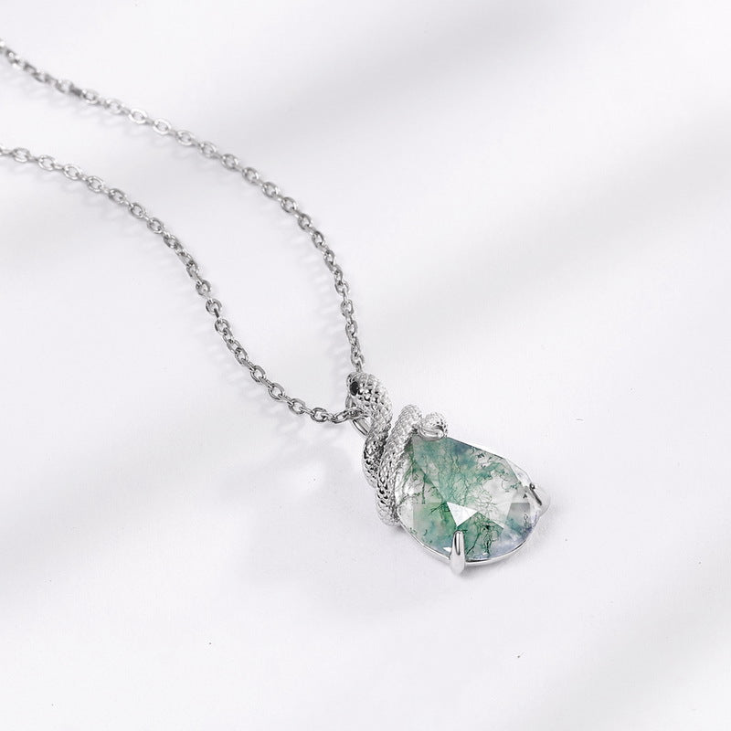 Moss Agate Snake Coiling Sterling Silver Necklace: Vitality & Regeneration