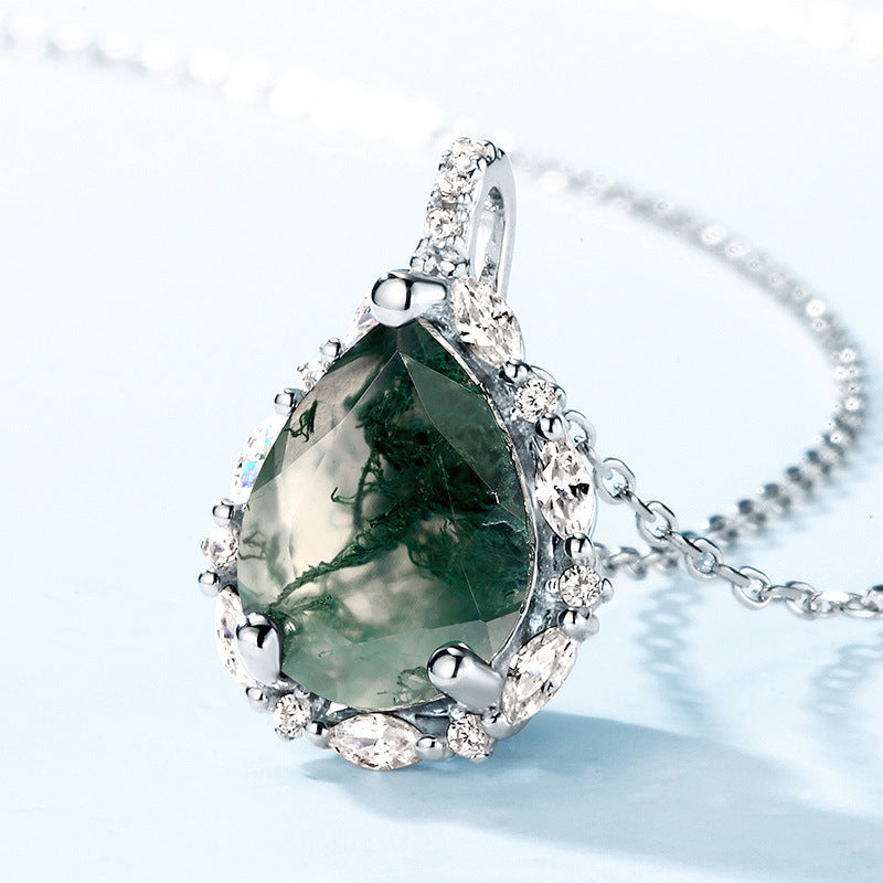 Moss Agate Sterling Silver Teardrop-shaped Diamond-encrusted Necklace