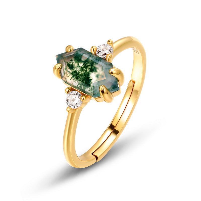 Moss Agate Sterling Silver Hexagon Prong-setting Retro Open-end Adjustable Ring (Platinum/Gold Pated)