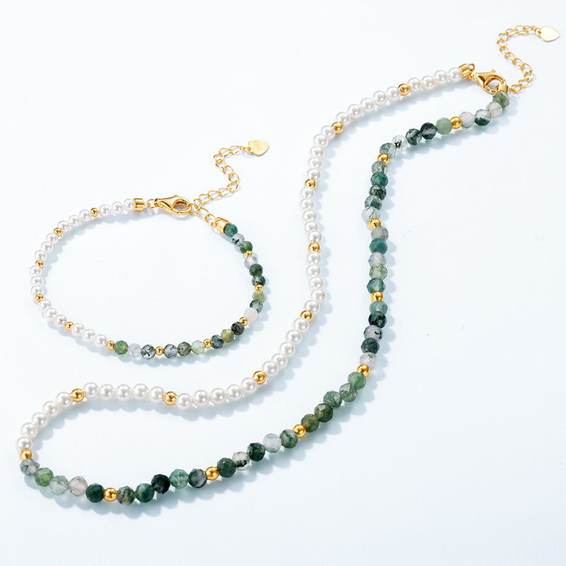 Moss Agate Faceted Beads & White Nacre 10K Gold-Plated Sterling Silver Adjustable Bracelet