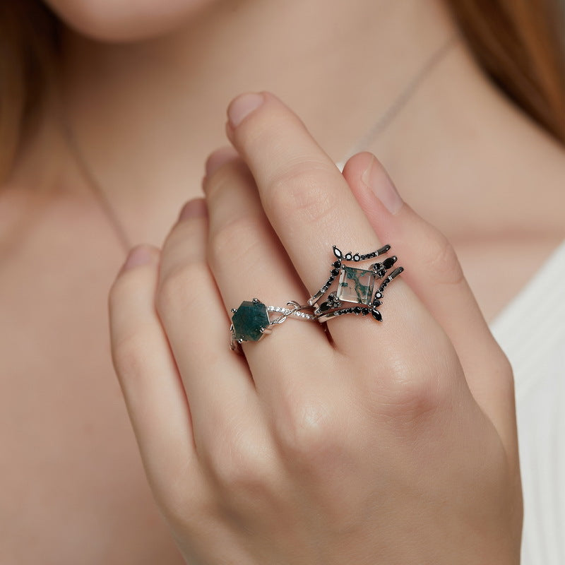 Multiple Ways to Style | Sheehas Moss Agate & Sterling Silver Stackable Triple Layer Rings