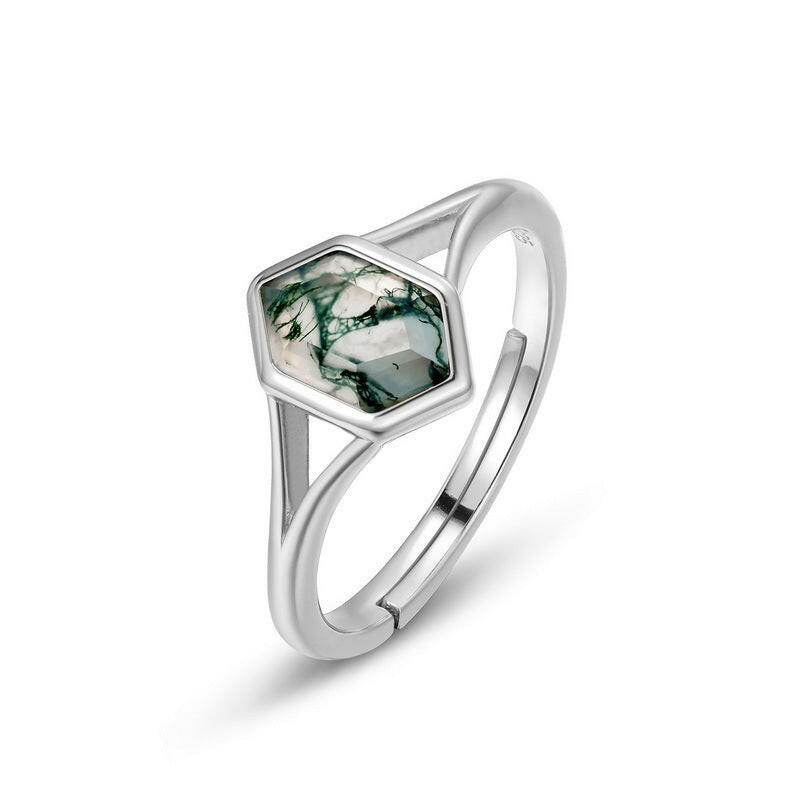 Sheehas Moss Agate Energy Flow Ring | Adjustable Open Ring Band | Natural Moss Agate Jewelry