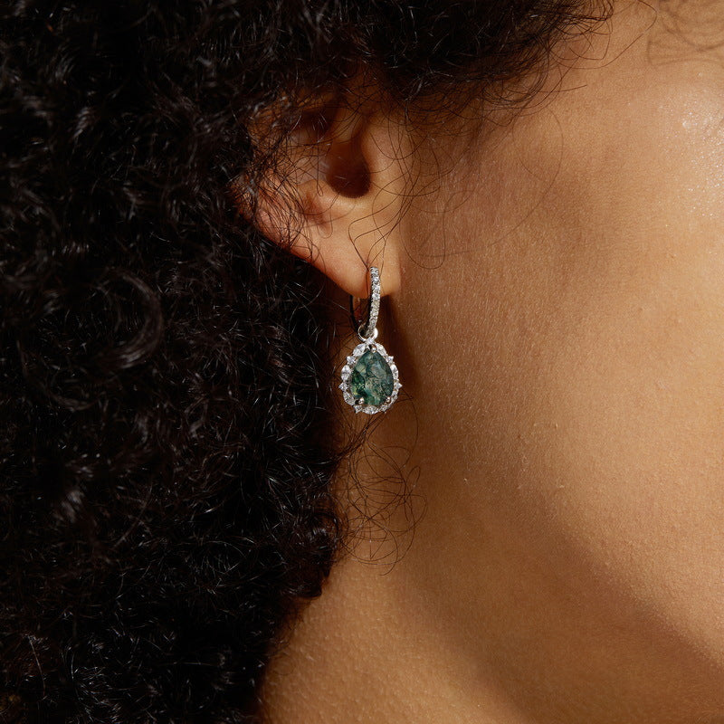 Moss Agate Sterling Silver Tearrop-shaped Diamond-encrusted Earrings