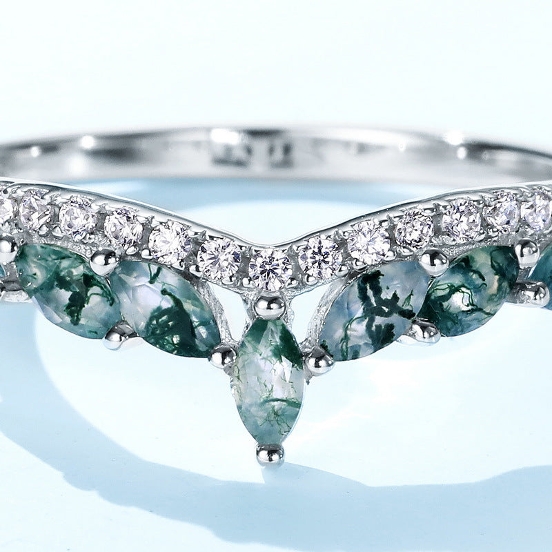 Pure Love: Natural Moss Agate Sterling Silver Angel's Wing Ring