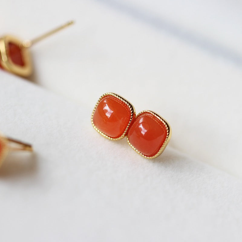 Sheehas 18K Gold Plated S925 Silver Vintage Oval Cabochon Lucky Earrings