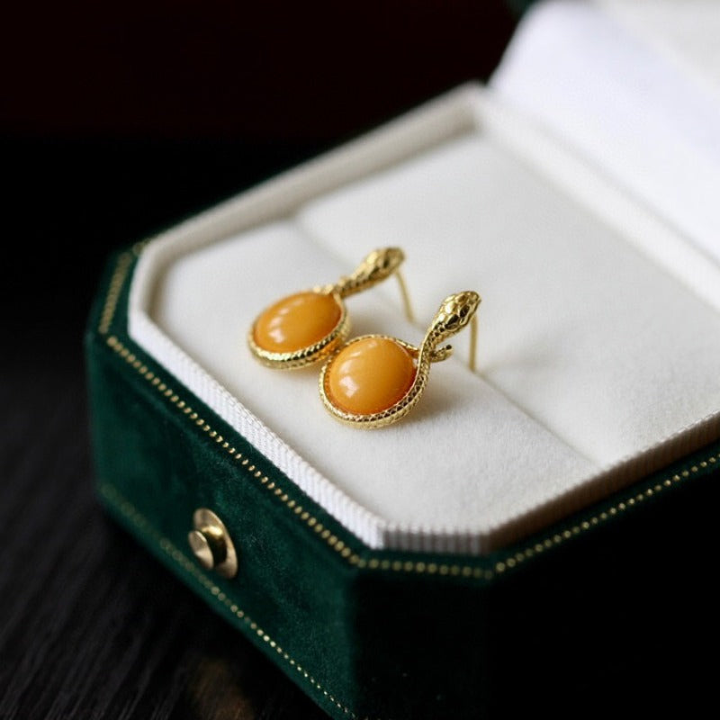 Natural Amber & Sterling Silver Ouroboros Wealth-Eternity Symbol Earrings by Sheehas