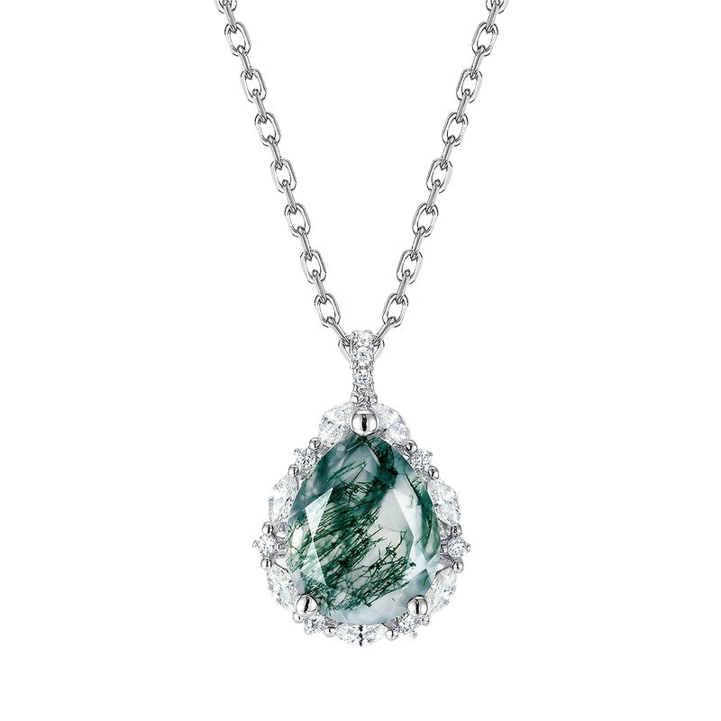 Moss Agate Sterling Silver Tearrop-shaped Diamond-encrusted Jewelry Set