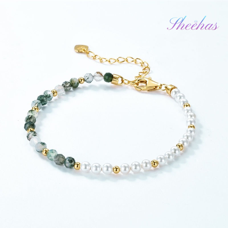 Moss Agate Faceted Beads & White Nacre 10K Gold-Plated Sterling Silver Adjustable Bracelet