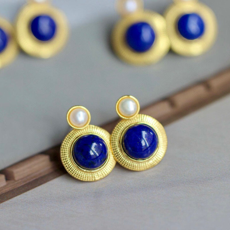 Sheehas Natural Lapis Lazuli & Pearl-Inlaid Sterling Silver 18K Gold Plated Stud Earrings