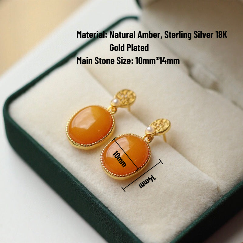 Sheehas Feng Shui Natural Amber & White Nacre Sterling Silver 18K Gold Plated Oval Cabochon Dangel Earrings - Fortune Gathering