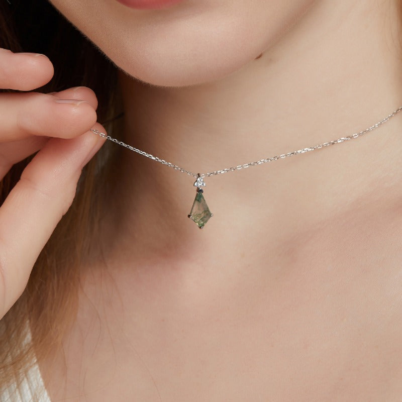Natural Moss Agate Sterling Silver Prong-Set Rhombus Adjustable Necklace