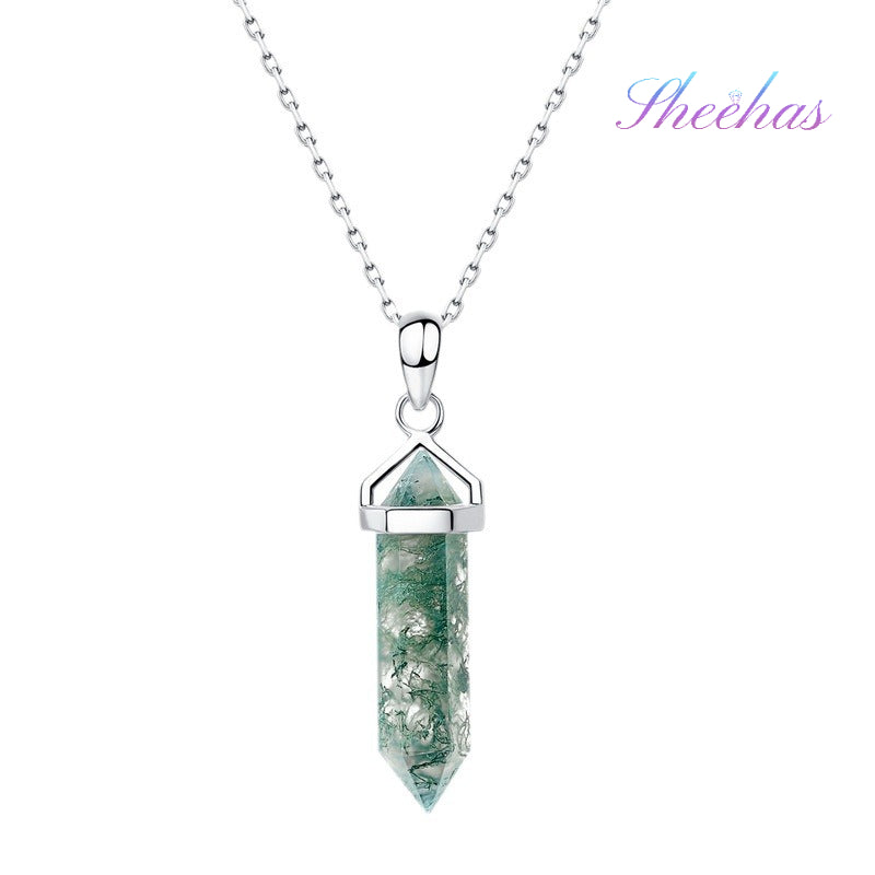 Moss Agate Double-terminated Energy Column Pendant Necklace