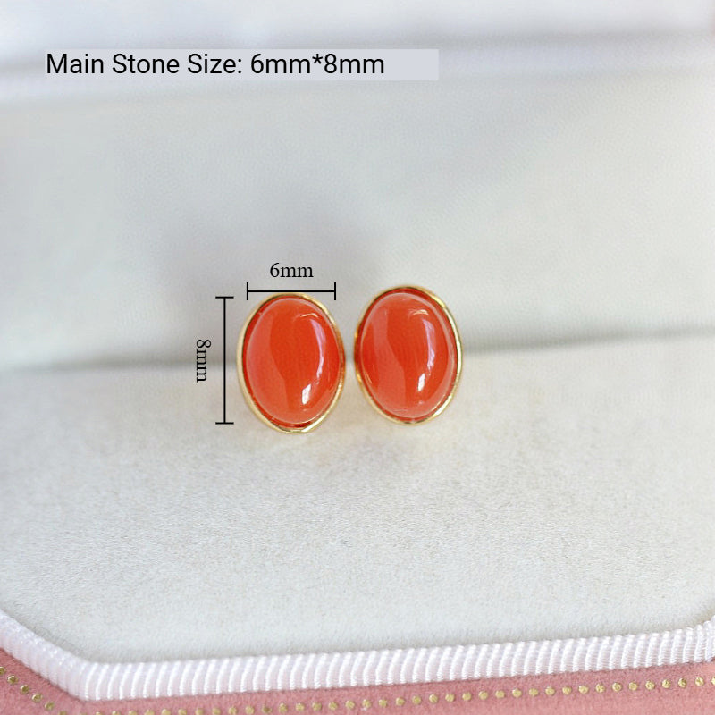 Sheehas 18K Gold Plated S925 Silver Vintage Oval Cabochon Lucky Earrings