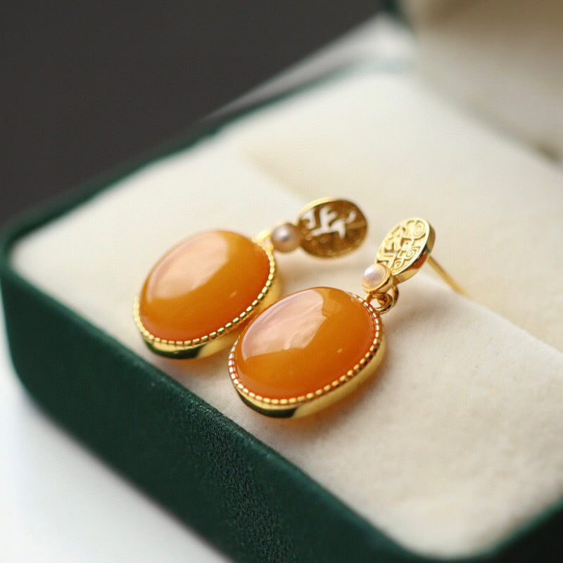 Sheehas Feng Shui Natural Amber & White Nacre Sterling Silver 18K Gold Plated Oval Cabochon Dangel Earrings - Fortune Gathering
