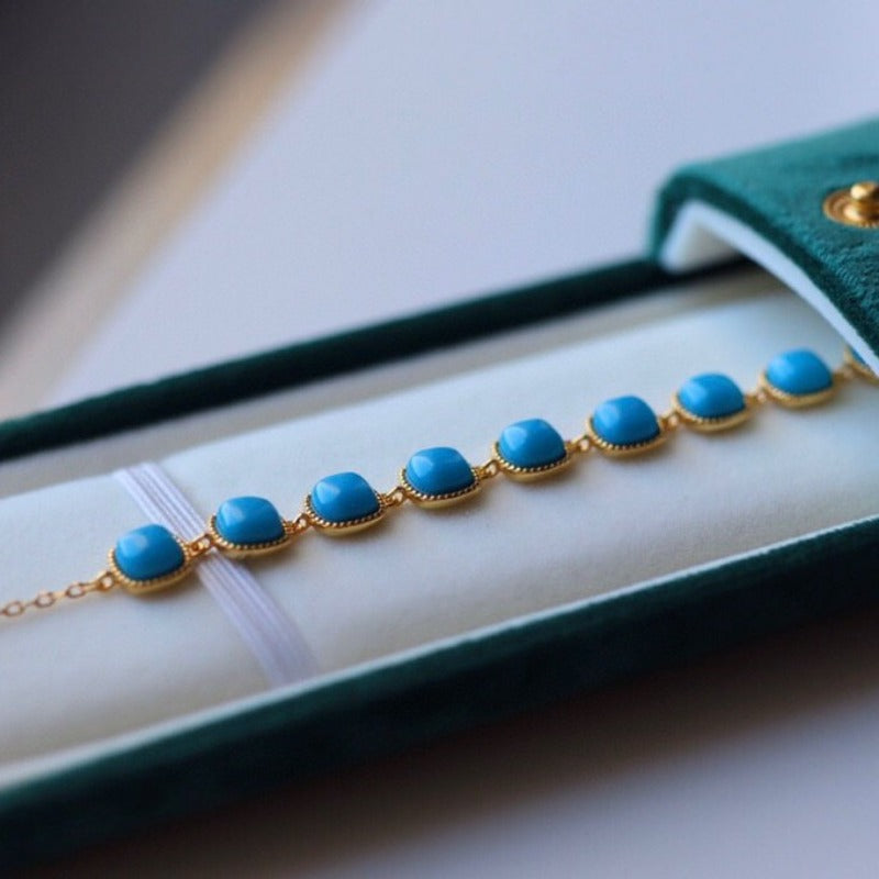 Sheehas Natural Turquoise Sterling Silver 18K Gold Plated Feng Shui Energy Bracelet
