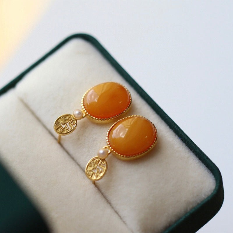 Sheehas Feng Shui Natural Amber & White Nacre Sterling Silver 18K Gold Plated Oval Cabochon Dangel Earrings - Fortune Gathering