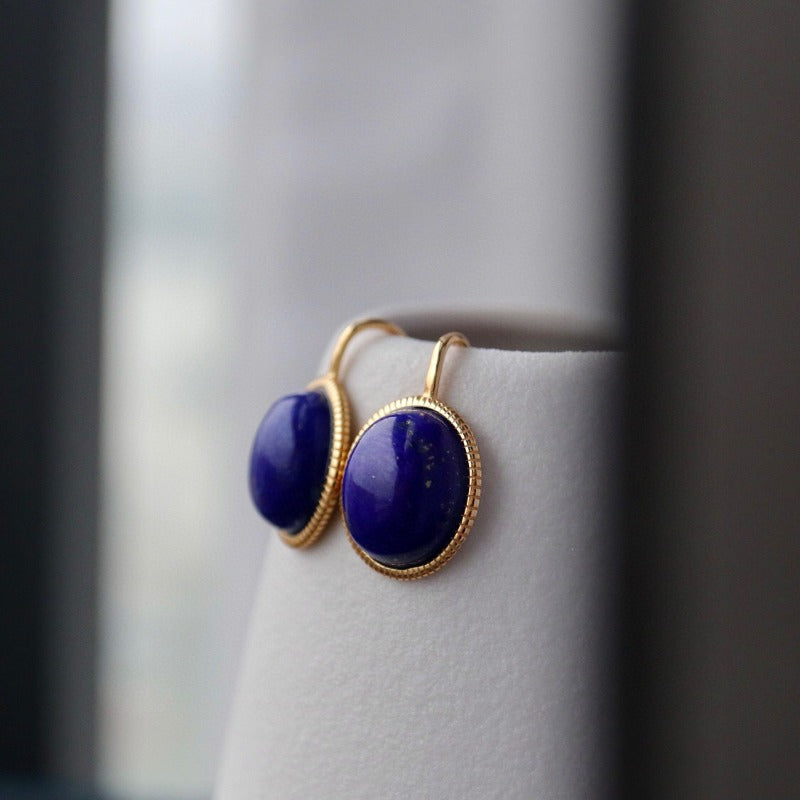 Sheehas Feng Shui Natural Lapis Lazuli Sterling Silver 18K Gold Plated Oval Cabochon Hook Earrings - The Union of Wisdom and Power