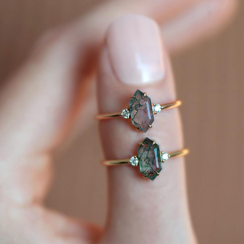 Moss Agate Sterling Silver Hexagon Prong-setting Retro Open-end Adjustable Ring (Platinum/Gold Pated)