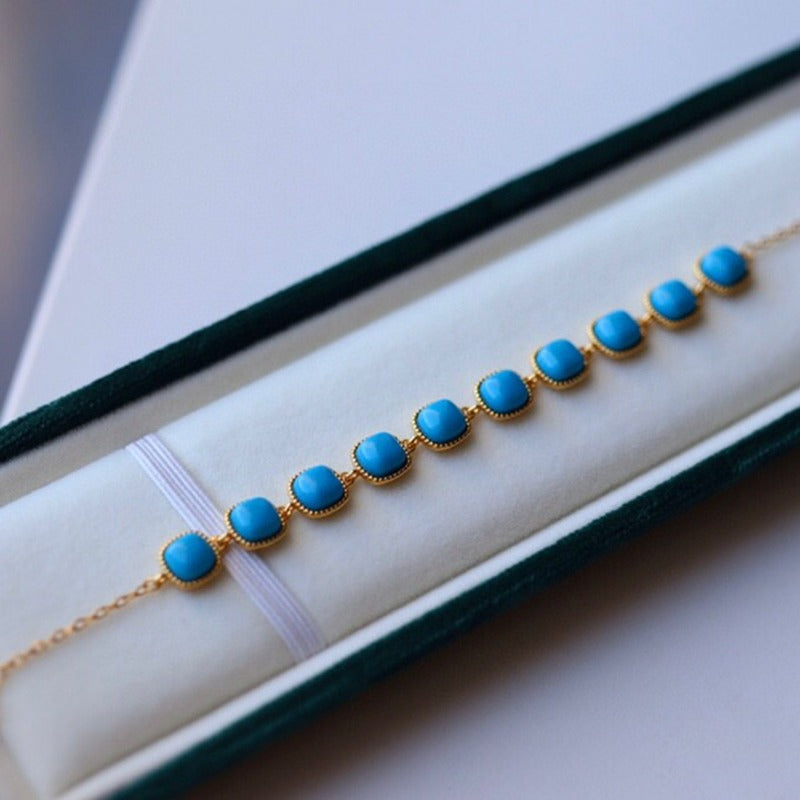Sheehas Natural Turquoise Sterling Silver 18K Gold Plated Feng Shui Energy Bracelet