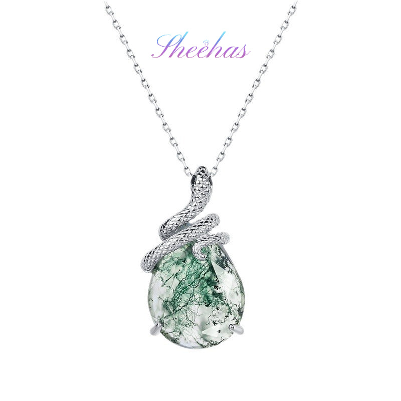 Moss Agate Snake Coiling Sterling Silver Necklace: Vitality & Regeneration