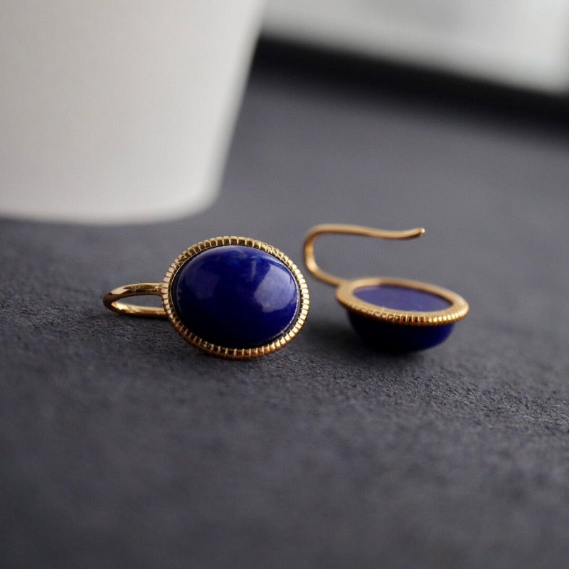 Sheehas Feng Shui Natural Lapis Lazuli Sterling Silver 18K Gold Plated Oval Cabochon Hook Earrings - The Union of Wisdom and Power