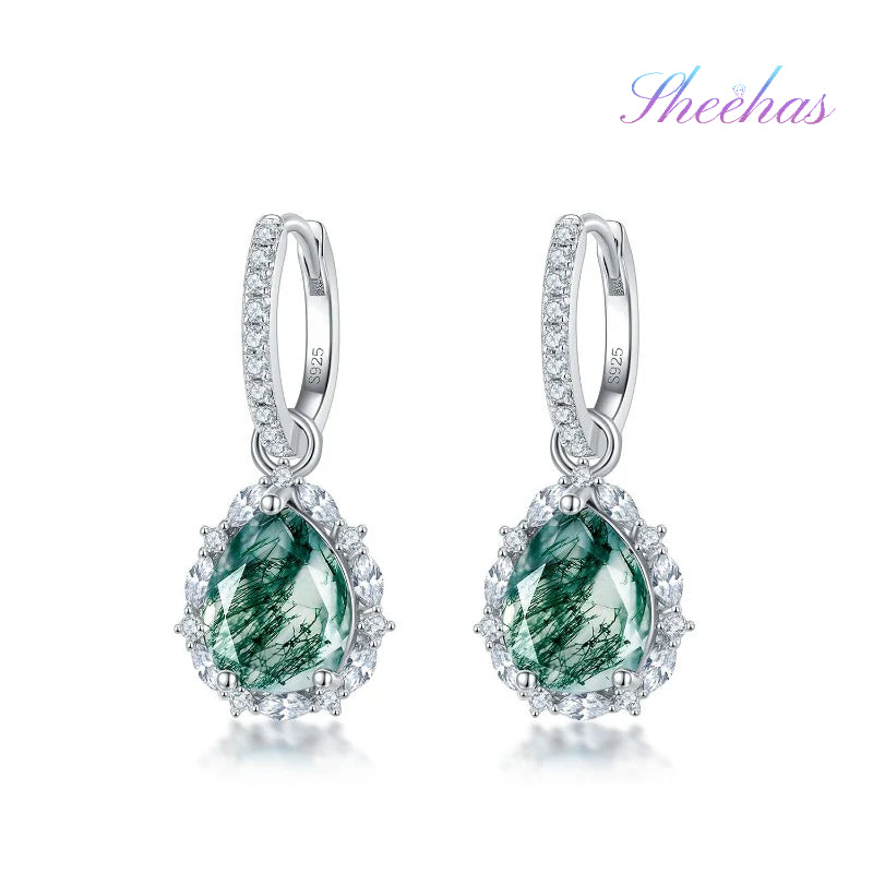 Moss Agate Sterling Silver Tearrop-shaped Diamond-encrusted Earrings