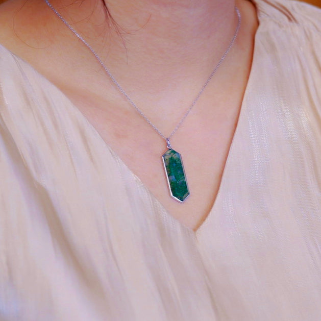 Natural Moss Agate Polygonal Sterling Silver Pendant Necklace